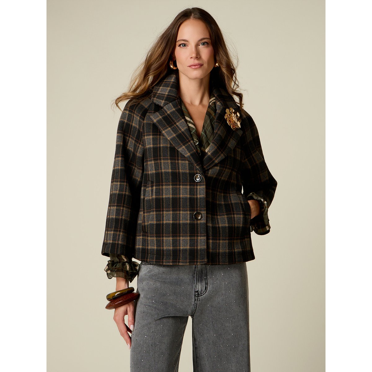 Veste boxy à carreaux marron, OLTRE