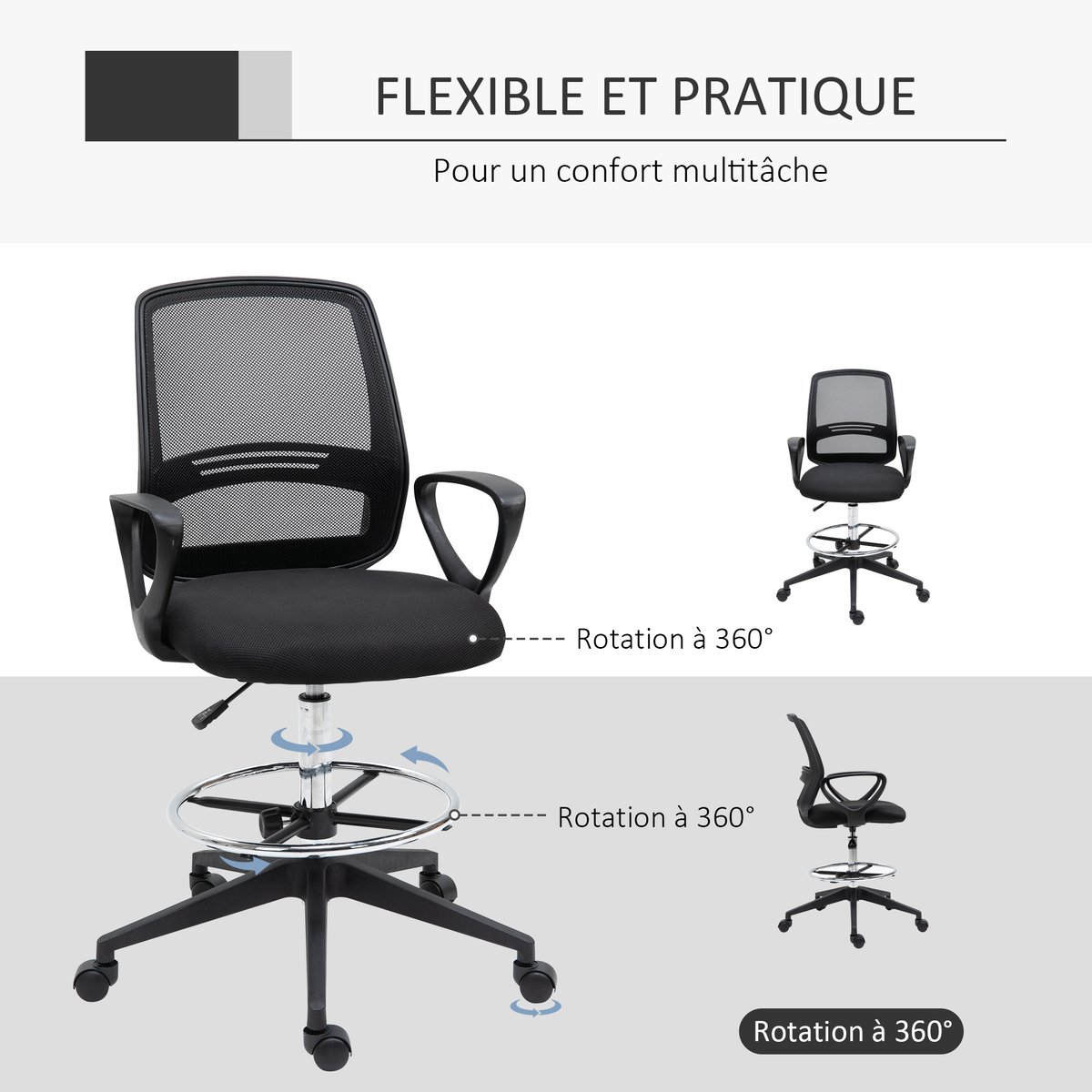 Chaise de bureau pour poste de travail debout noir, HOMCOM