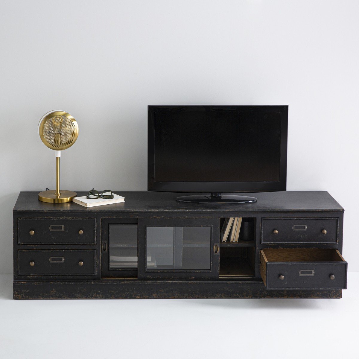 Meuble TV en bois massif et verre L180 cm - AMSTERDAM noir, SIGNATURE