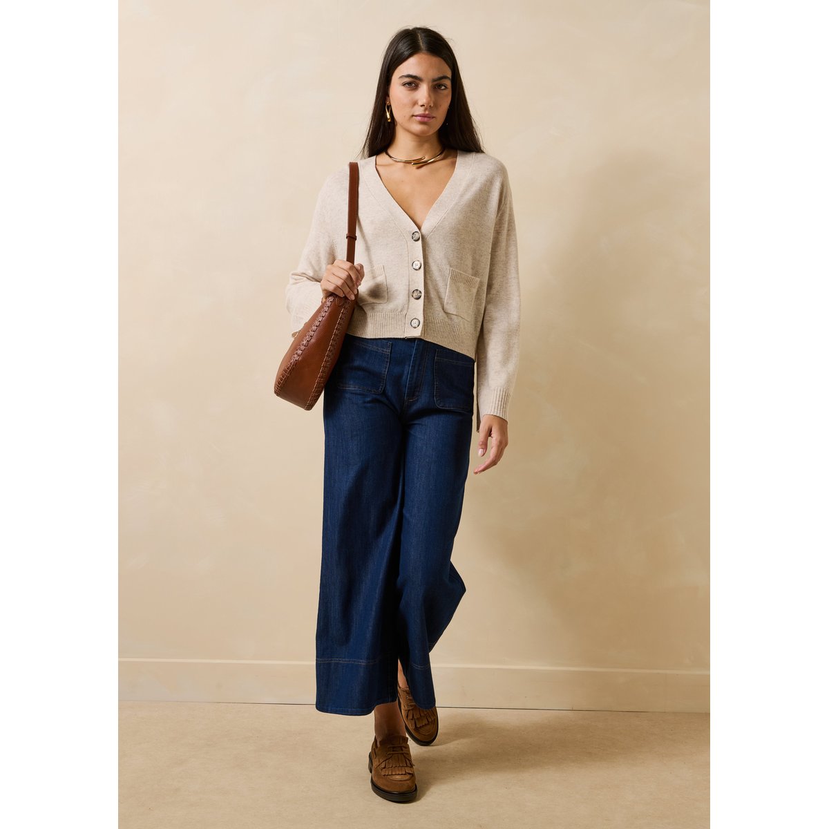 Gilet manches longues en laine et cachemire col V greige, LA FEE MARABOUTEE