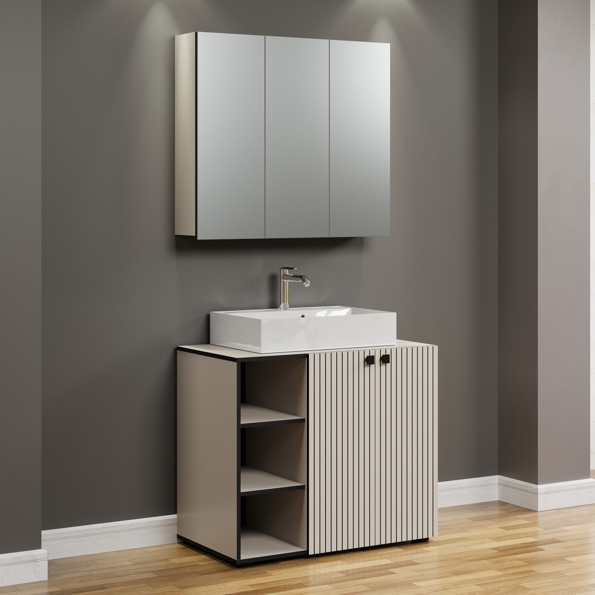 Armoire de toilette 3 portes miroir L90 cm - PUREBLISS kashmir gris perle, CALICOSY