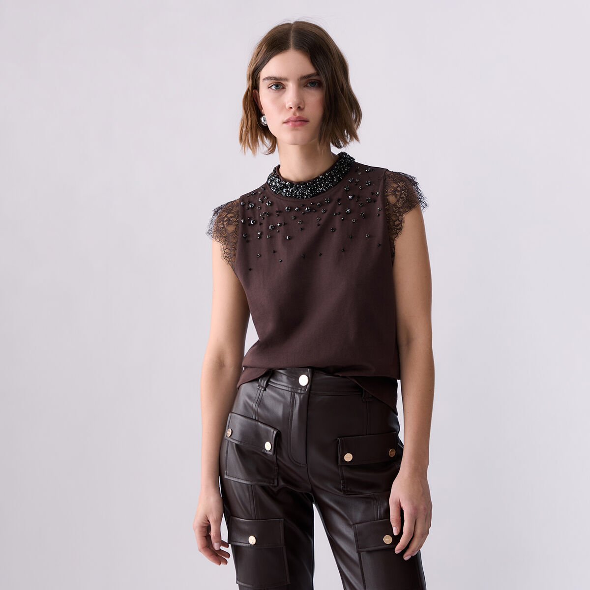 T-shirt avec dentelle et strass moka, LIU JO