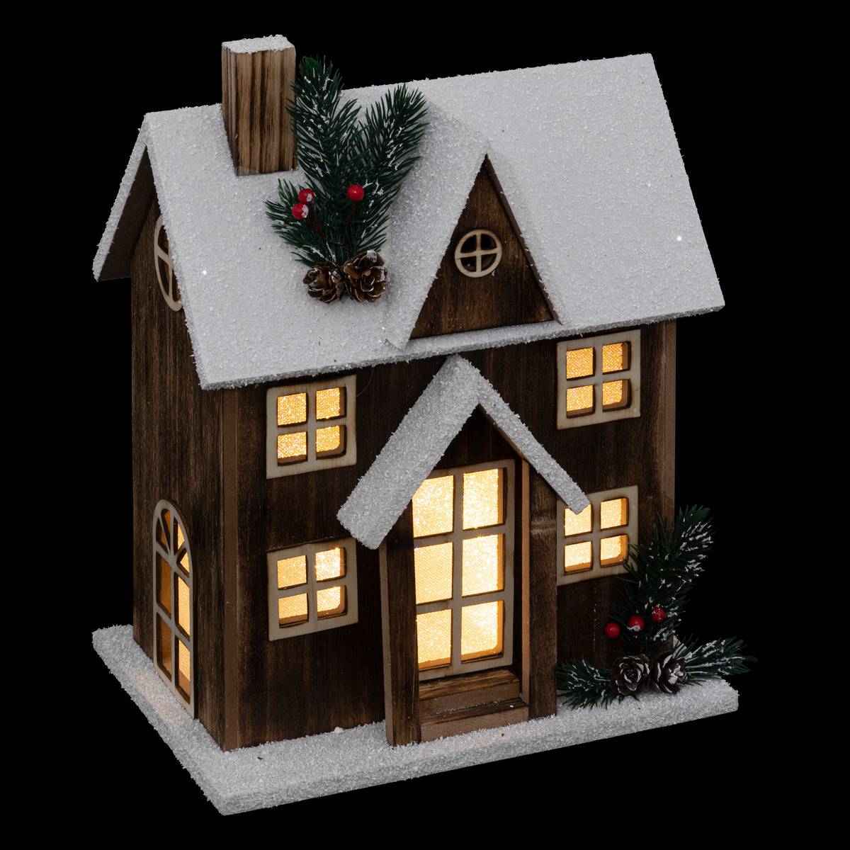 Bois maison neige Led 34cm, marron marron, FEERIC LIGHTS & CHRISTMAS
