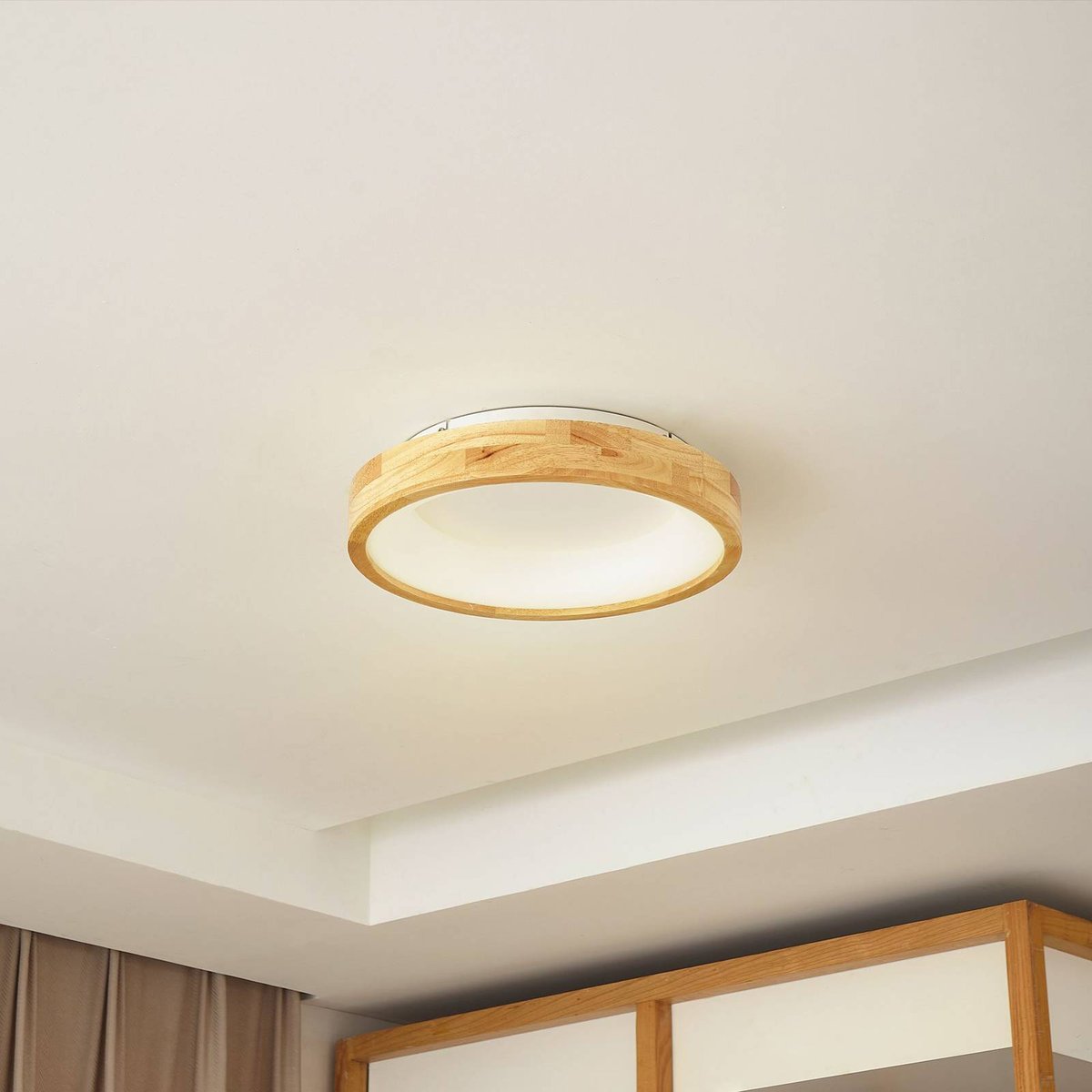 Plafonnier en bois moderneLED, Samvel bois clair, blanc, LUCANDE