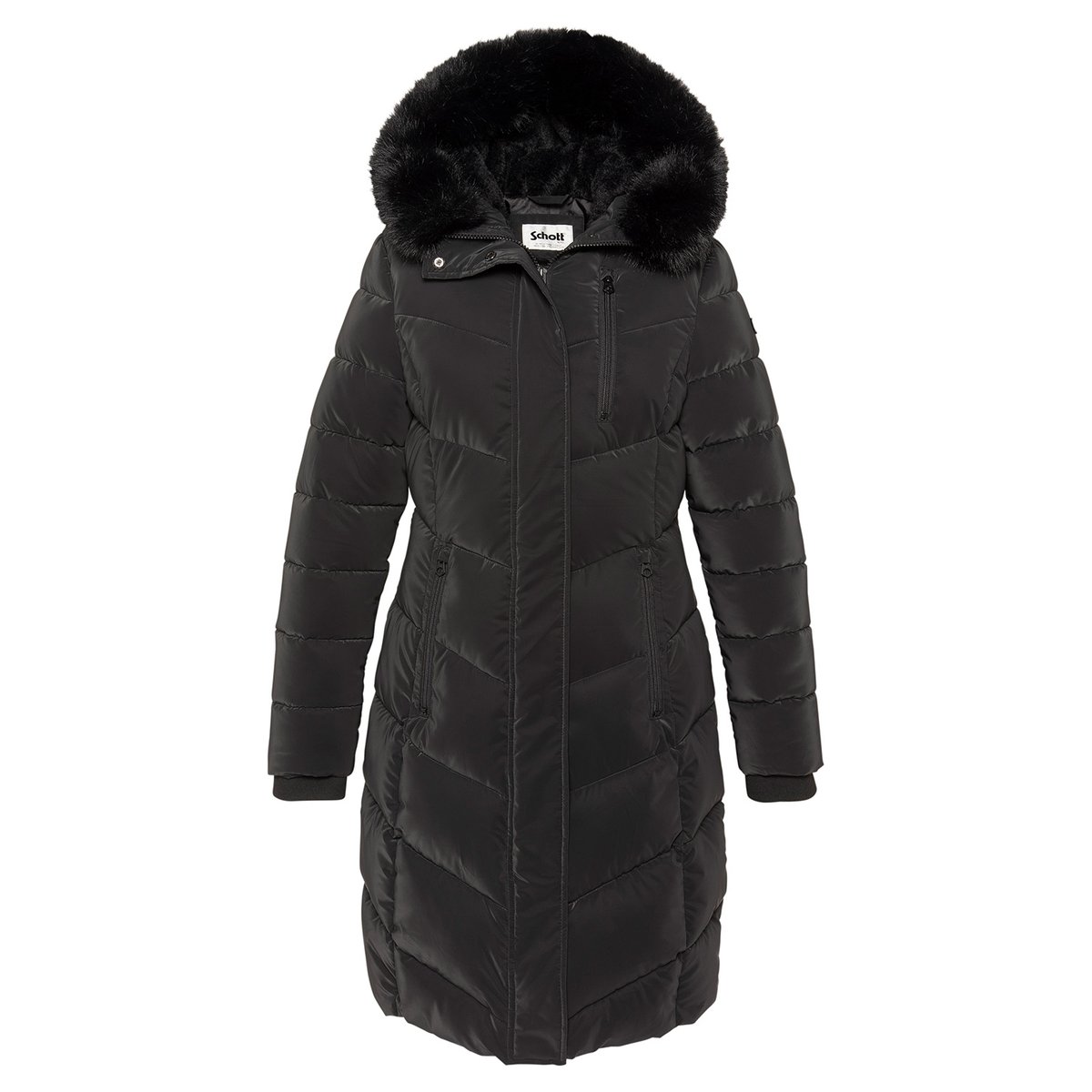 Parka longue à capuche bordée de imitation fourrure noir, SCHOTT