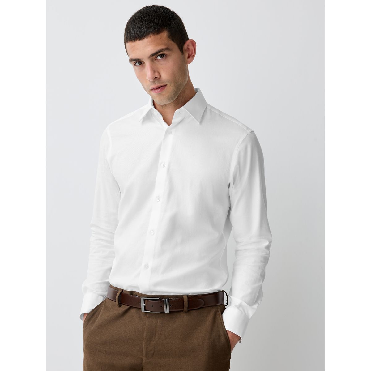 Chemise texturée à manches longues Signature blanc avec garniture, NEXT