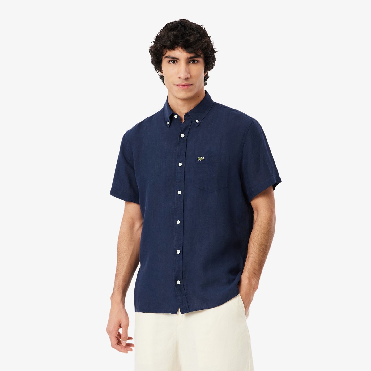 Chemise manches courtes en lin bleu-166, LACOSTE