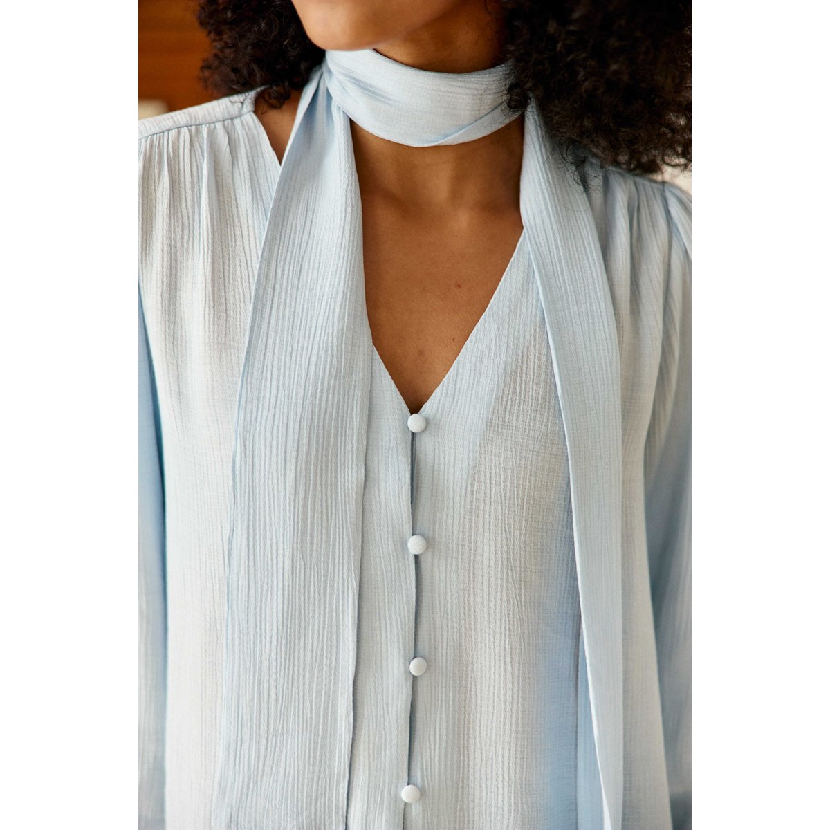 Blouse manches longues col v uni BIANCA 21-ciel, LA PETITE ETOILE