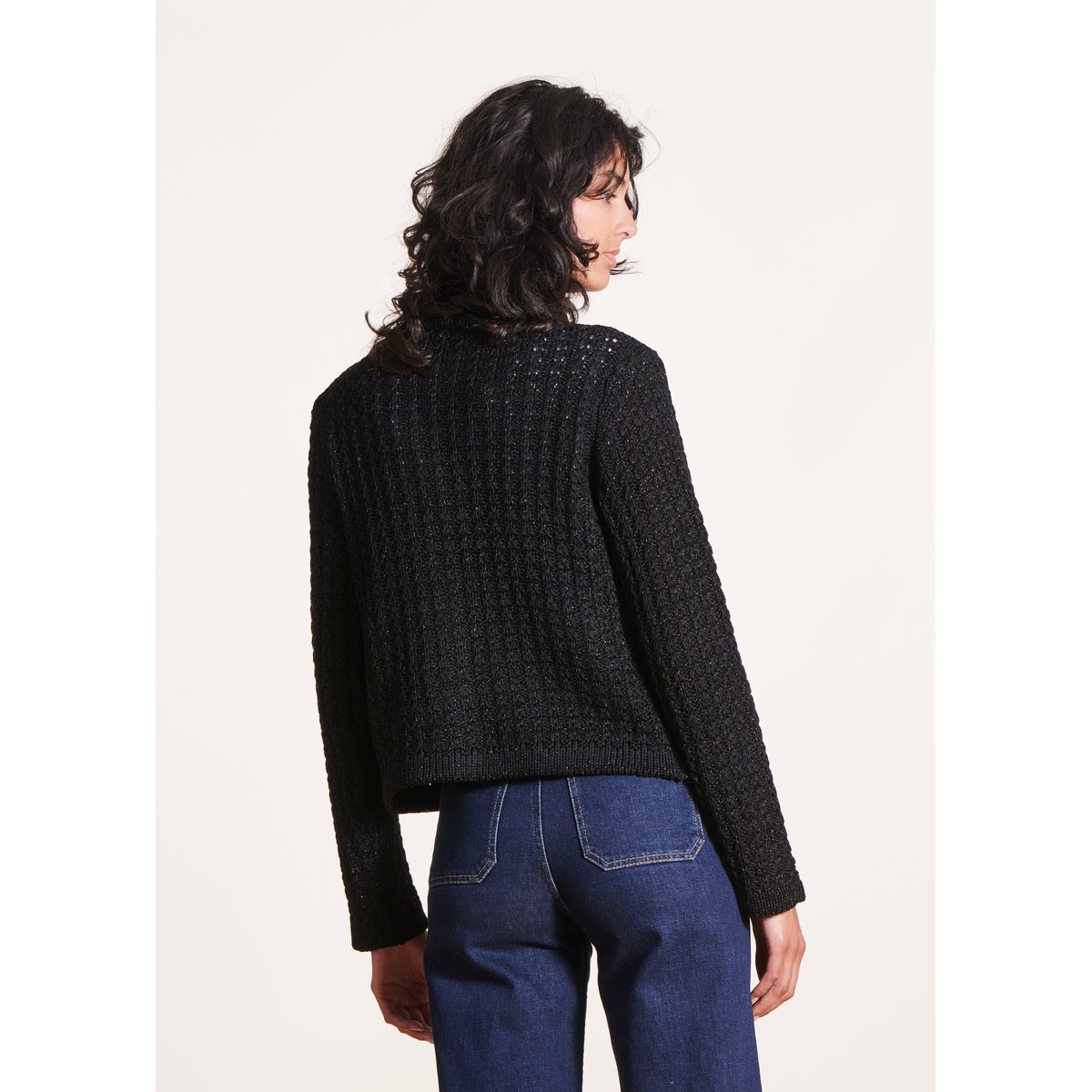 Gilet court à manches longues en maille irisée noir, LA FEE MARABOUTEE