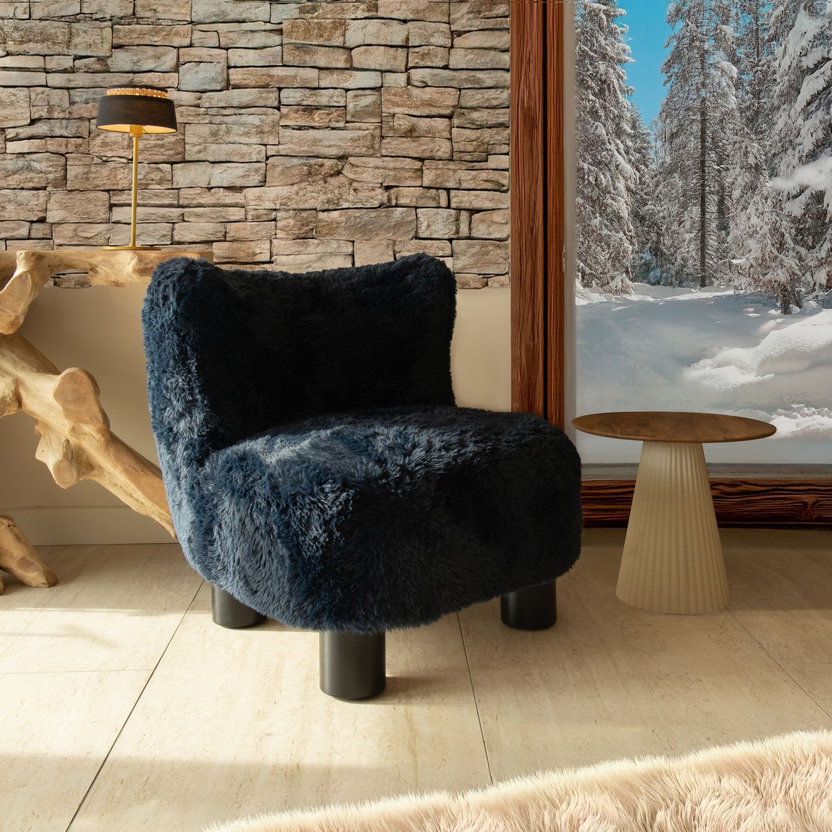 Fauteuil imitation fourrure et structure en bois, ARTIC bleu-naturel, NOW'S HOME