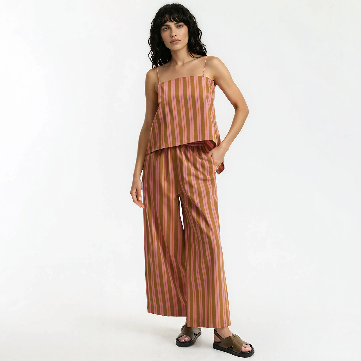 Striped Cotton Shoestring Strap Top pink/camel stripe, LA REDOUTE COLLECTIONS