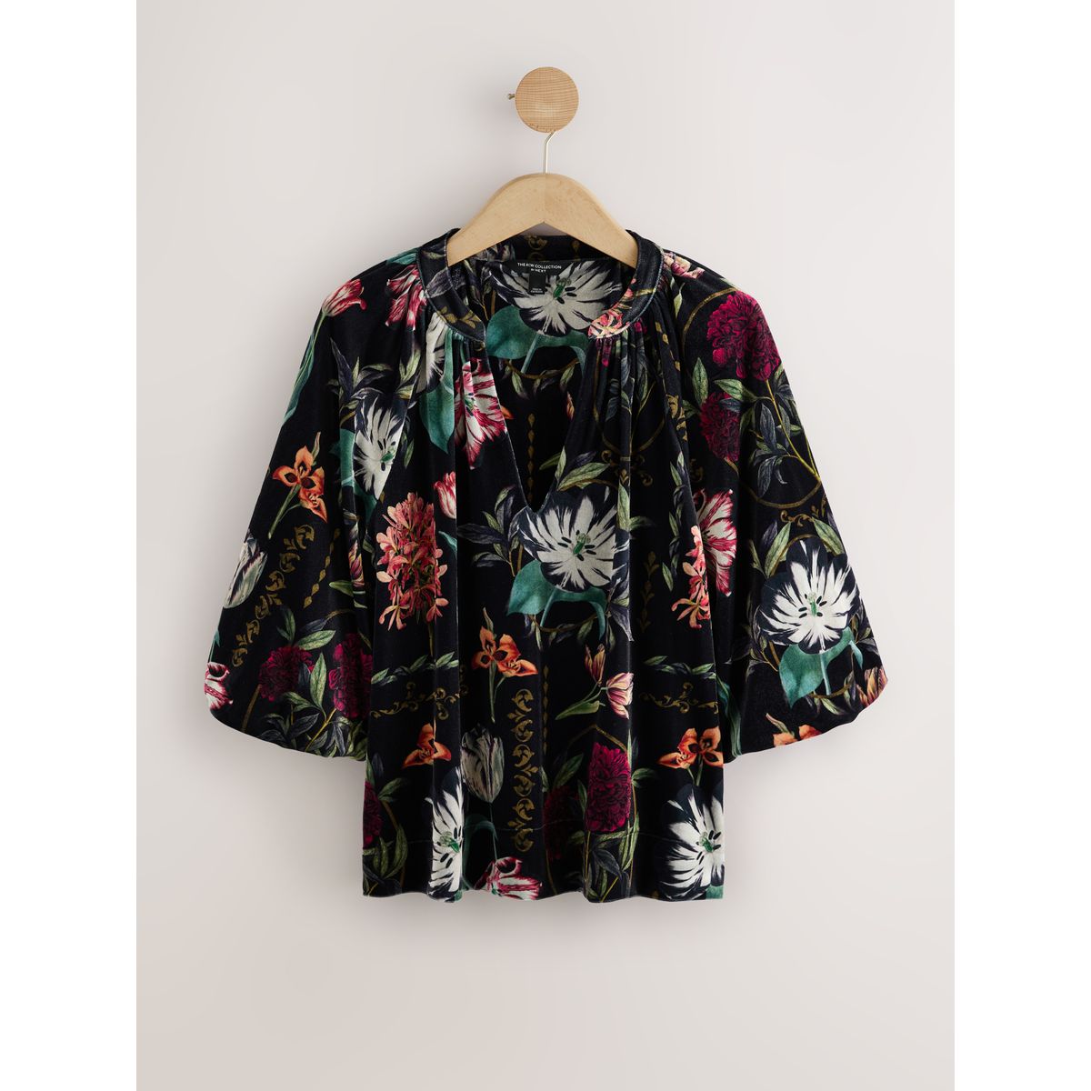 Chemisier en velours manches bouffantes/col v imprimé floral noir de kew, NEXT