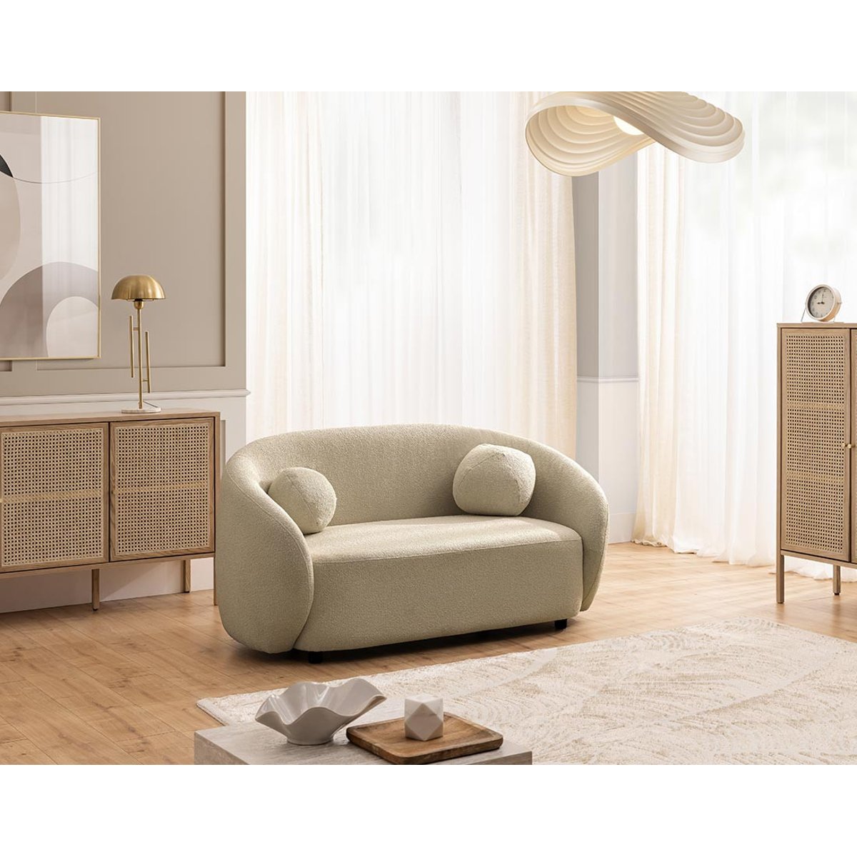 Flore - Canapé droit 2 places en tissu bouclette taupe, LISA DESIGN