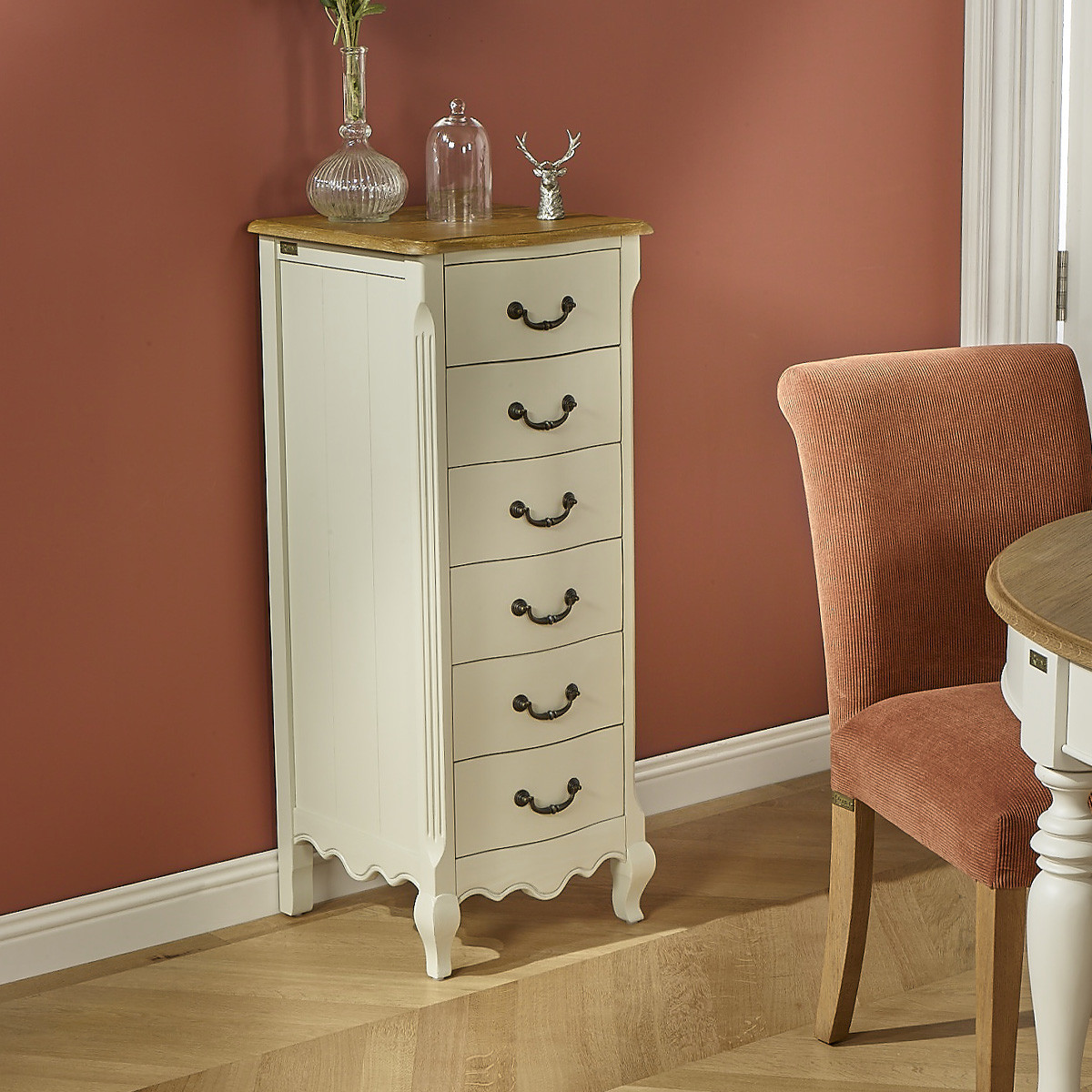 Colonne de rangement style classique, plateau en chêne, 6 tiroirs ORIANE blanc, ROBIN DES BOIS