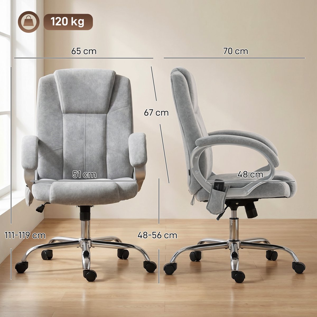 Fauteuil de bureau avec fonction massage gris, HOMCOM