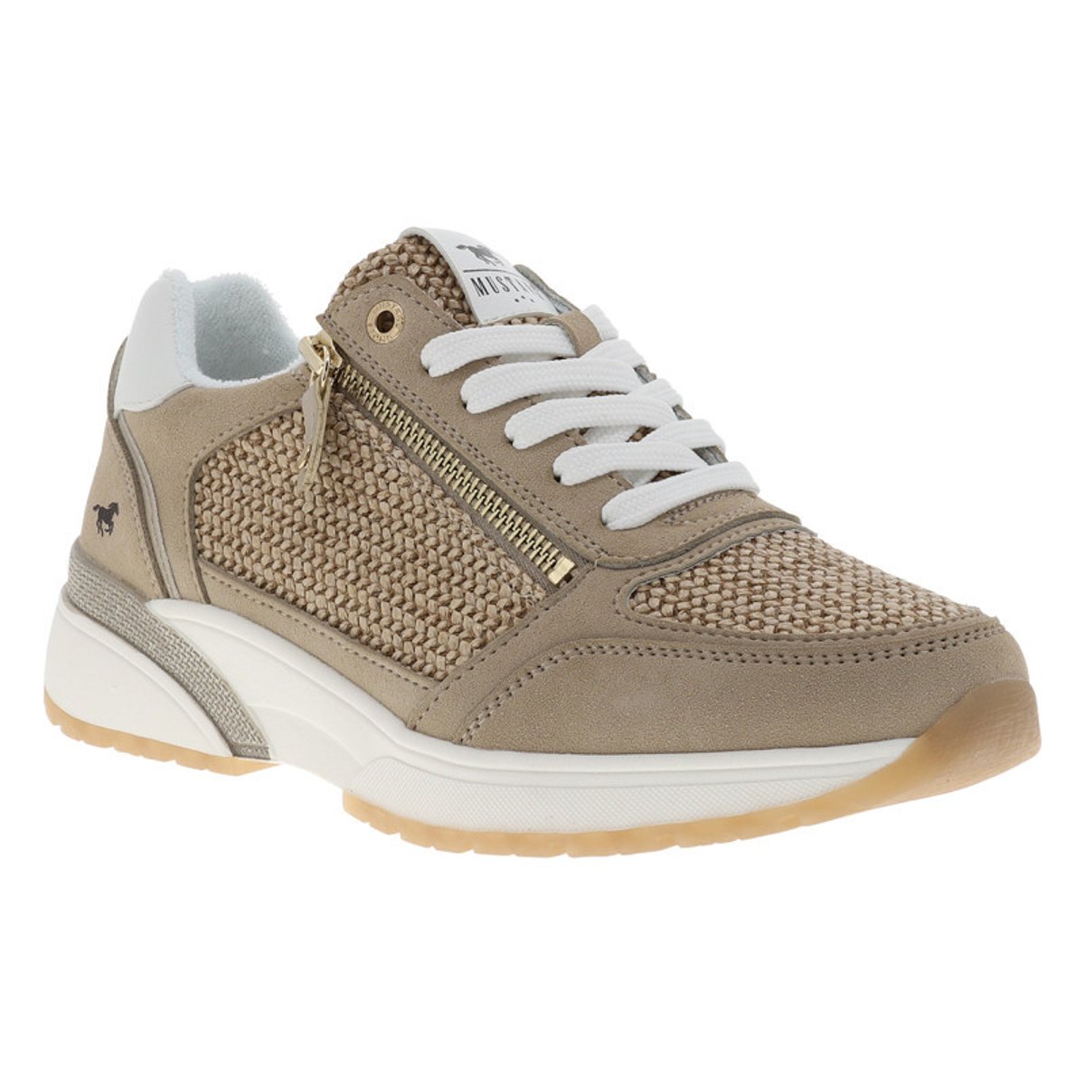 Baskets running beiges à talon plat avec des lacets plats et un zip latéral beige, MUSTANG