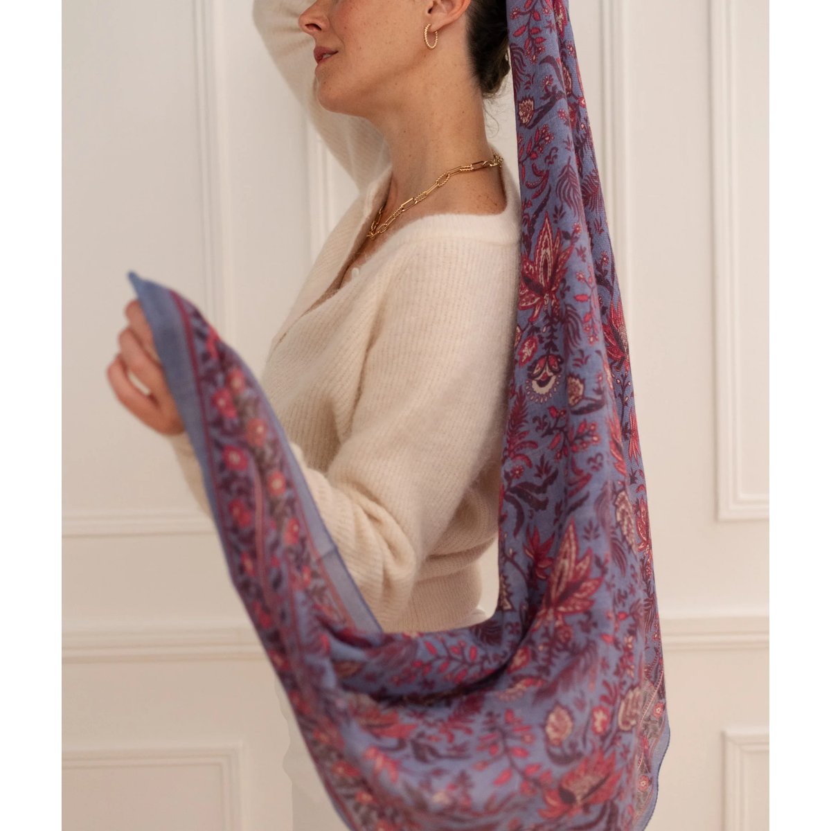 Foulard en laine imprimé Paisley bleu cosmos, BINDI ATELIER