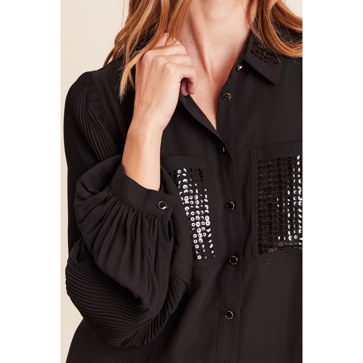 Chemise fluide à sequins manches longues noir, BREAL