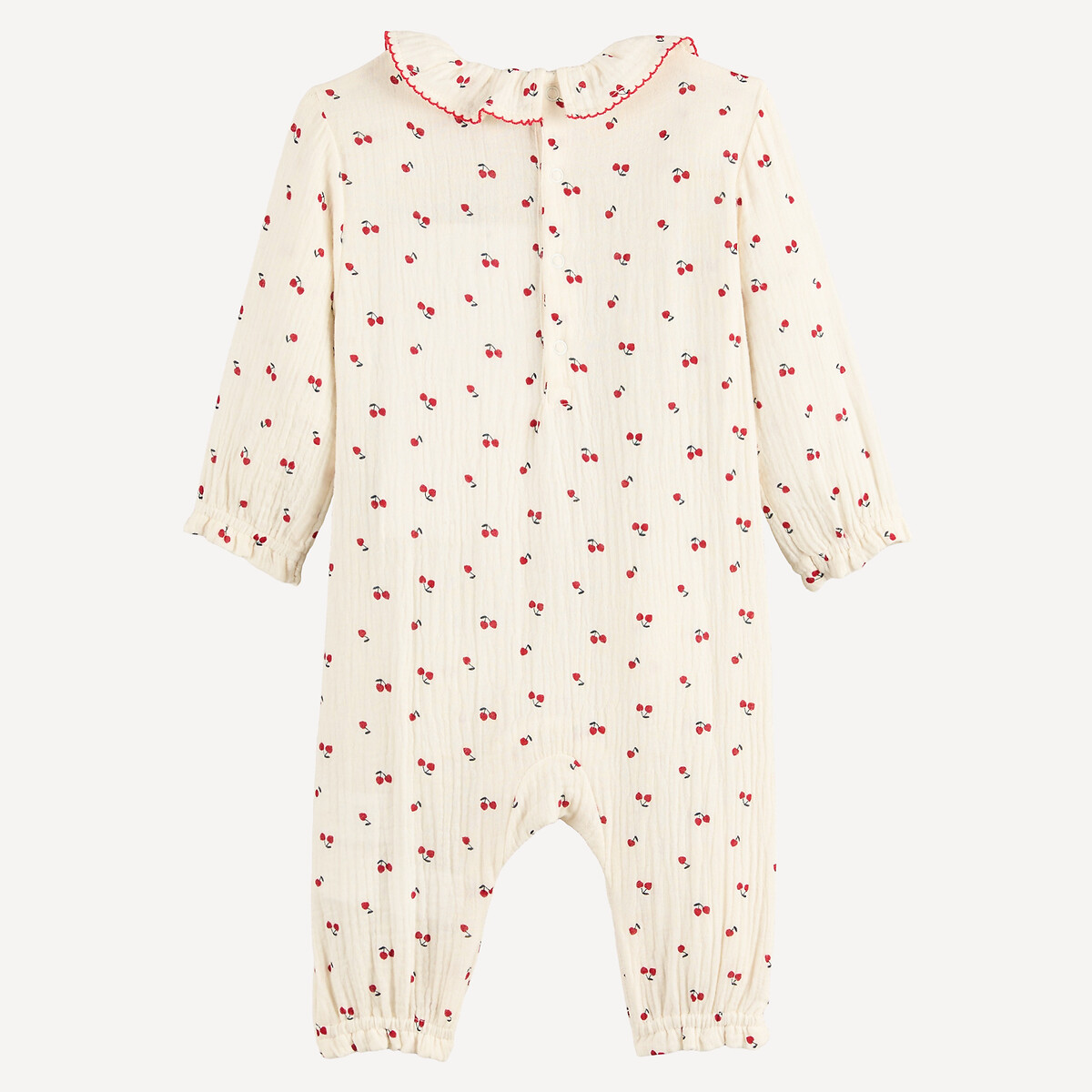Lange jumpsuit van tetra, met een Claudinekraag en een kersenprint ecru, LA REDOUTE COLLECTIONS