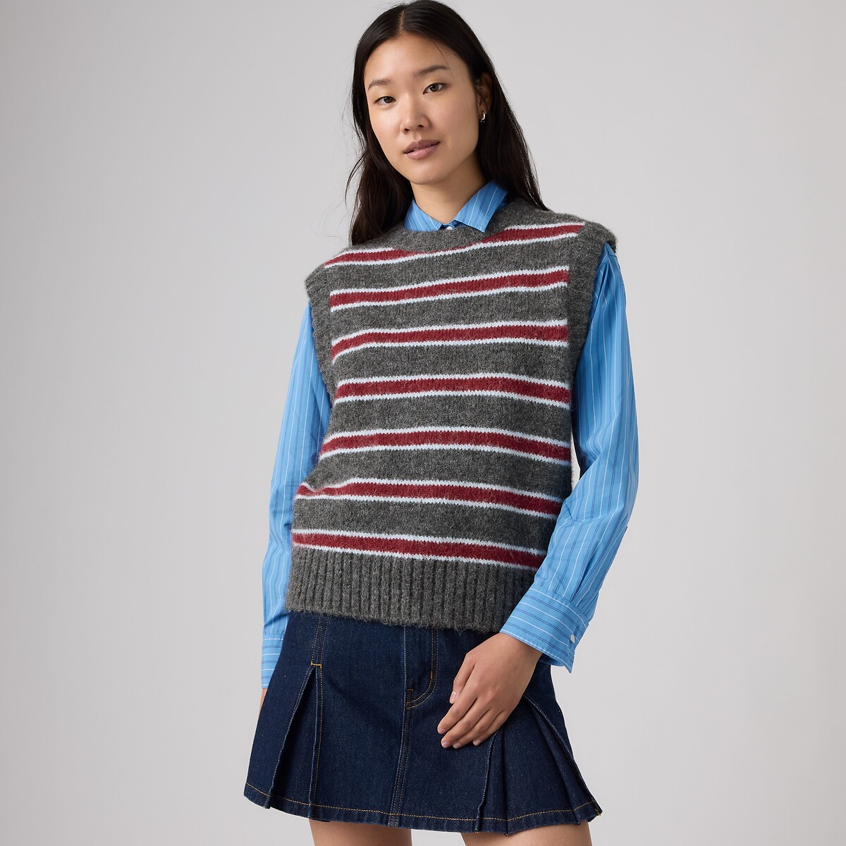 Pull rayé col rond sans manches rouge/gris, LEVI'S