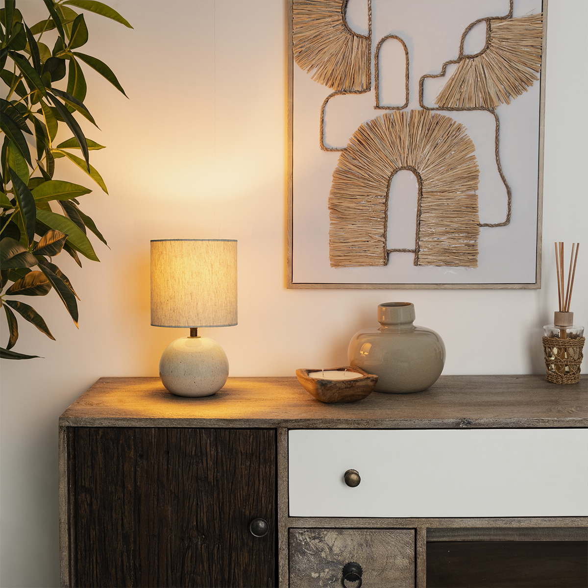 Lampe à poser grès abat-jour coton GAIA beige, ATMOSPHERA