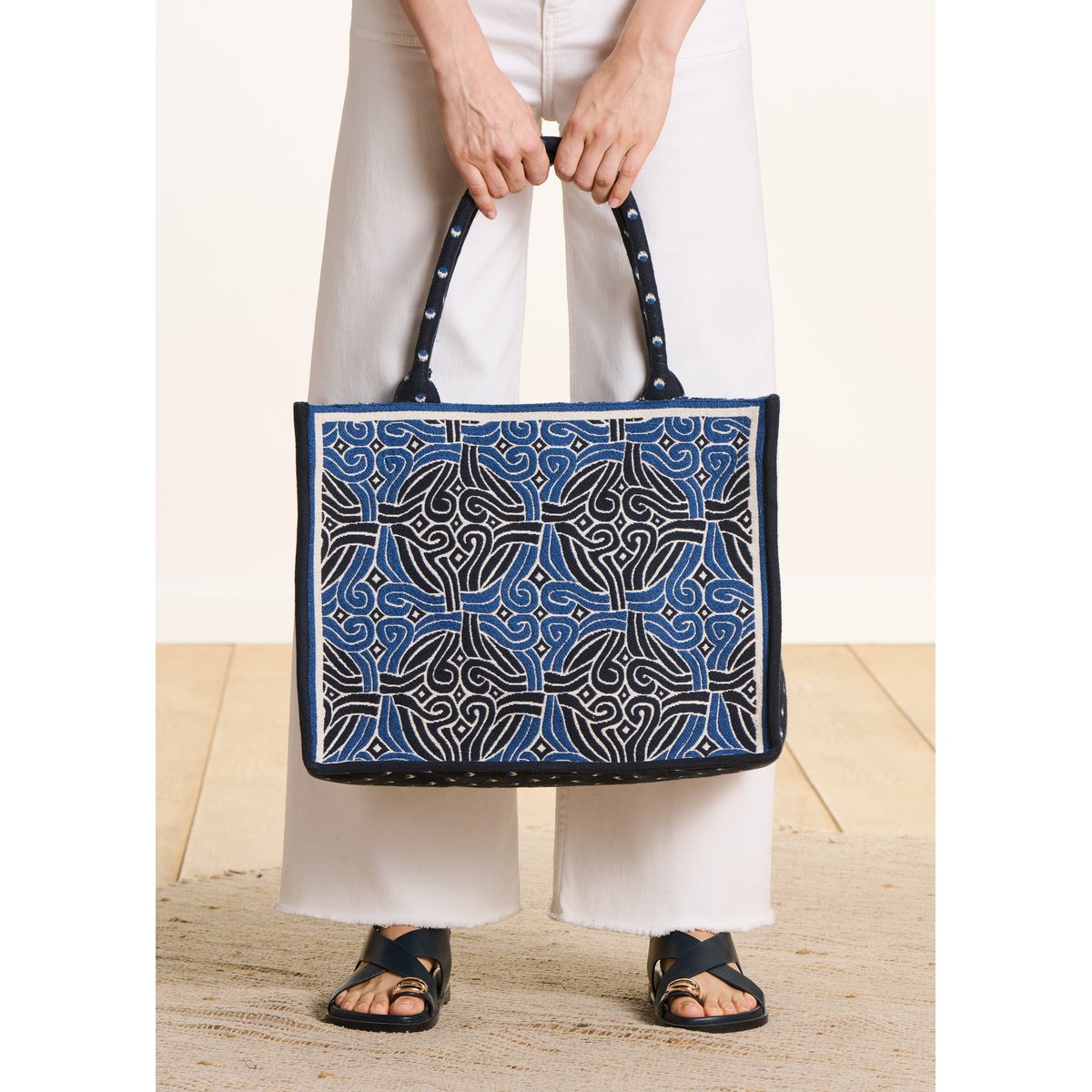 Sac cabas en jacquard marine/ecru, LA FEE MARABOUTEE