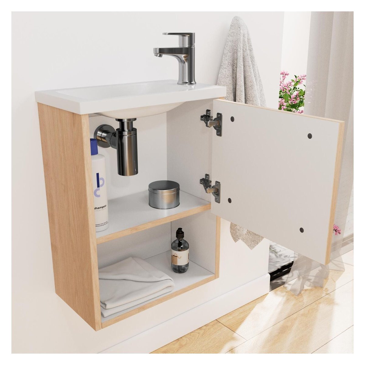 Ensemble meuble lave-mains + robinet NIKA chêne et blanc, MOB IN