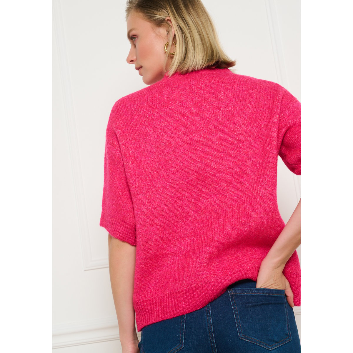 Pull fleuri manches courtes rose fluo, LOLALIZA
