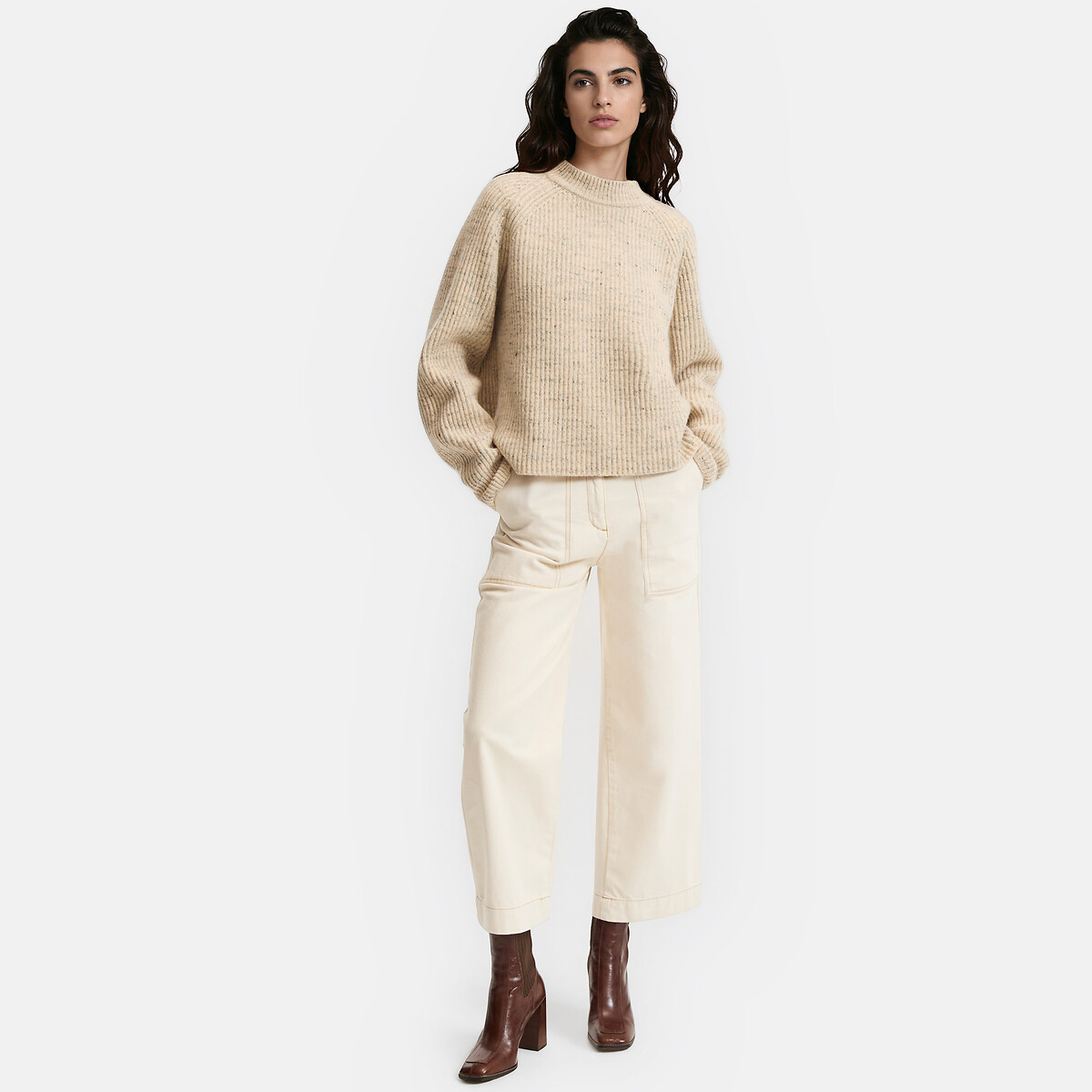 Pull col rond côtelé, en laine mélangée chinée ecru, LA REDOUTE COLLECTIONS