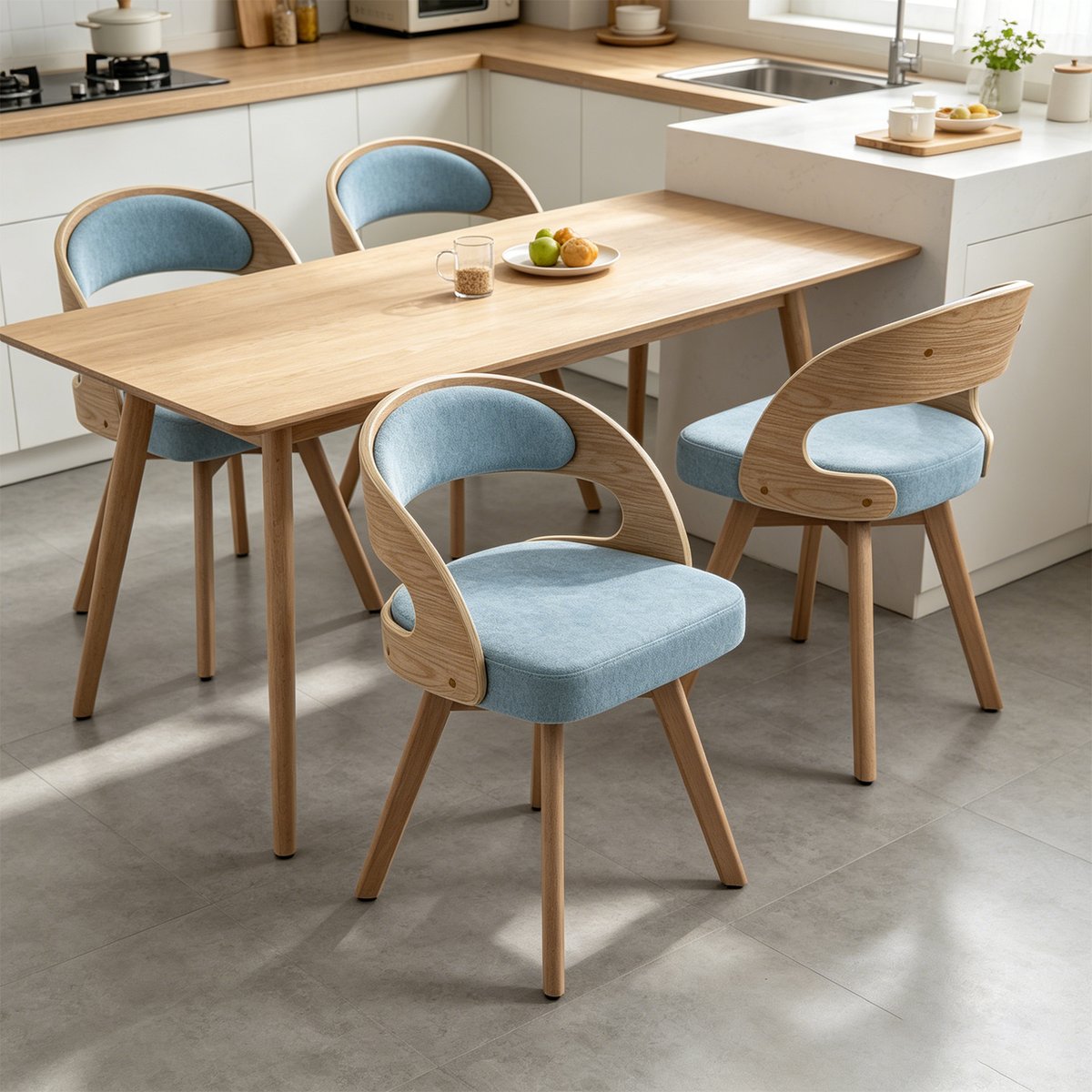 Lot de 4 fauteuils de salle à manger rotatif scandinave en hêtre, GINNY bleu, MEUBLES COSY