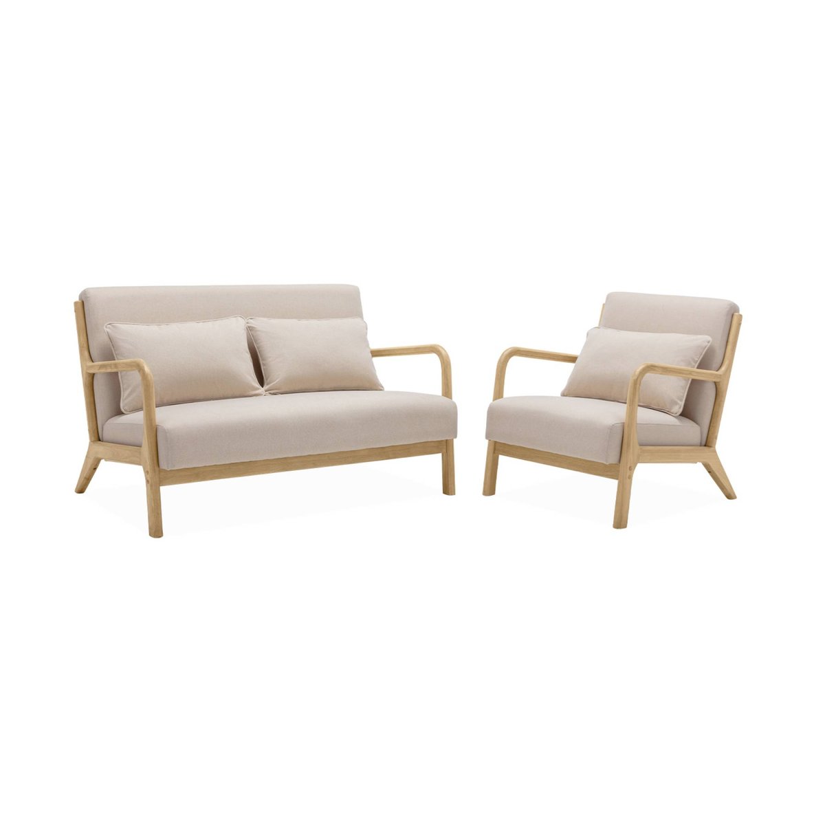 Banquette scandinave 2 places + Fauteuil bois et tissu LORENS beige, SWEEEK