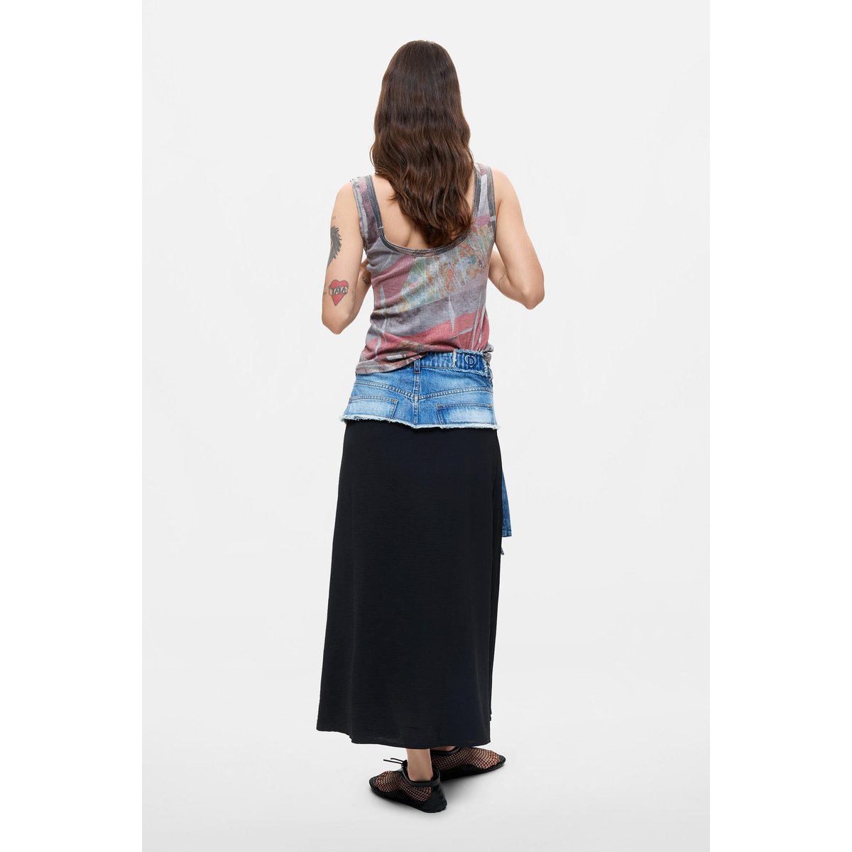 Jupe longue plissée en denim bleu clair, DESIGUAL