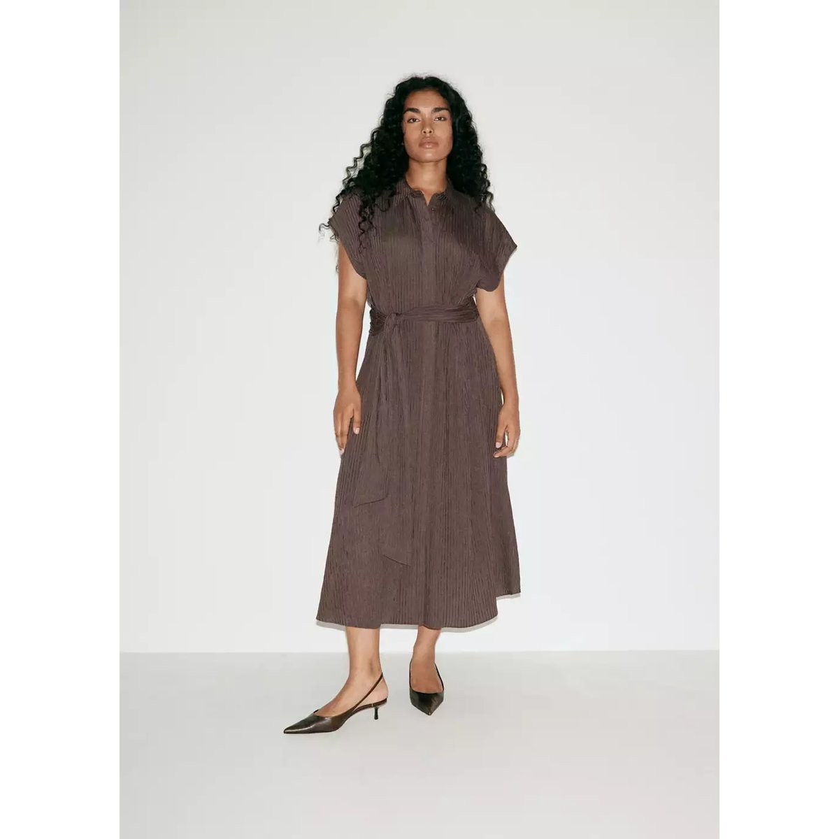 Robe chemisier ceinture marron, MANGO