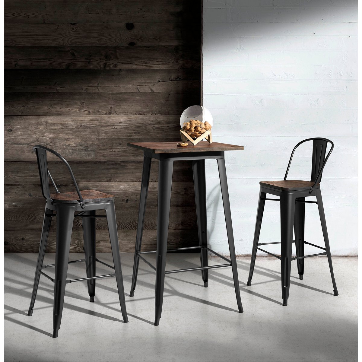 Lot de 2 tabourets de bar hauts, MEET graphite-noyer, HISPANOHOGAR