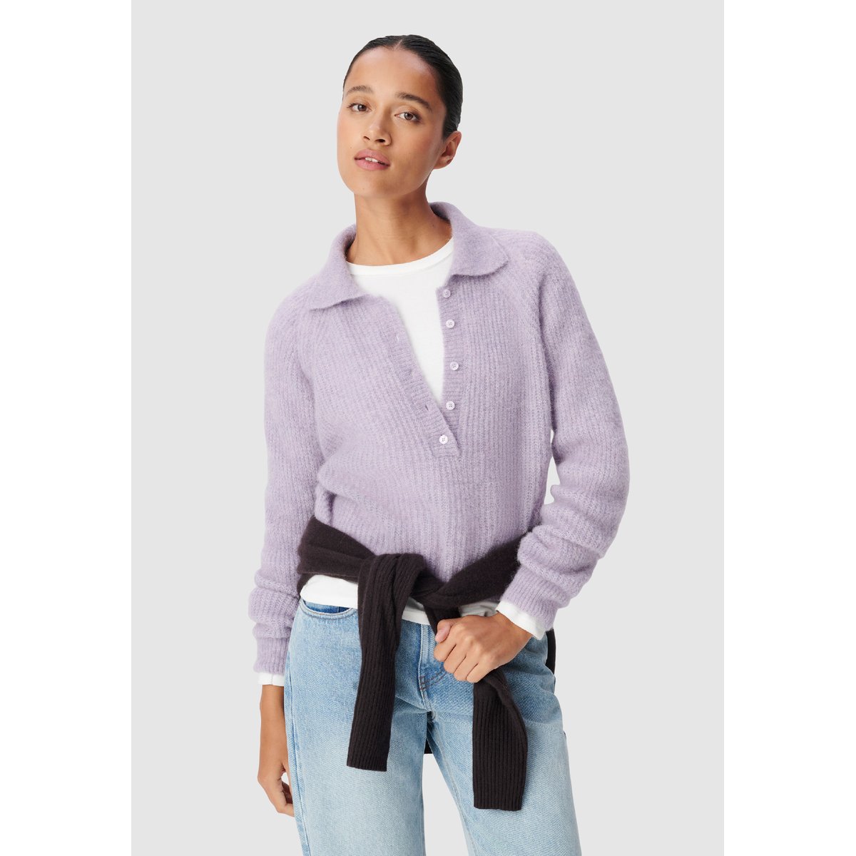 Pull col polo tricot alpaga mélangé violet clair, IKKS