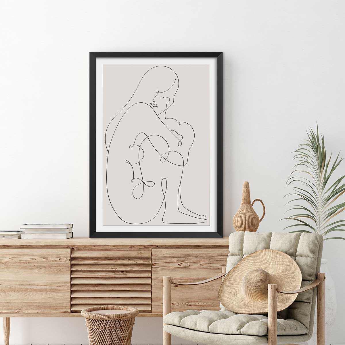 Affiche Pudeur line art affiche + cadre en bois - noir, HEXOA
