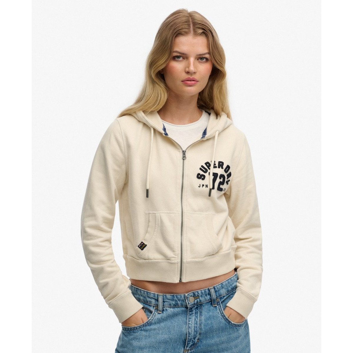 Sweat à capuche zippé court Athletic coupe décontractée crème tourterelle, SUPERDRY