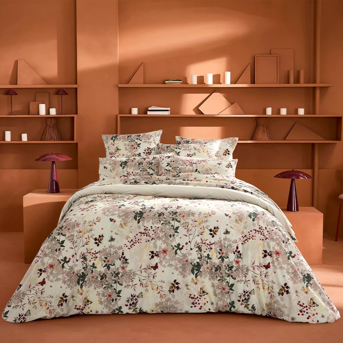 Lot de 2 taies percale de coton lavé VINTAGE FLOWERS cranberry, GARNIER THIEBAUT