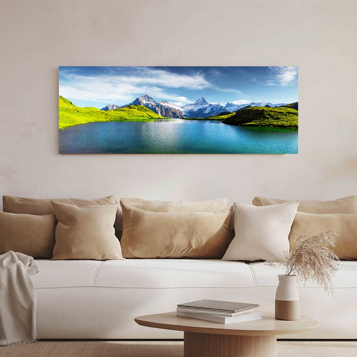 Tableau panoramique lac alpin turquoise et sommets enneigés été toile imprimée, HEXOA