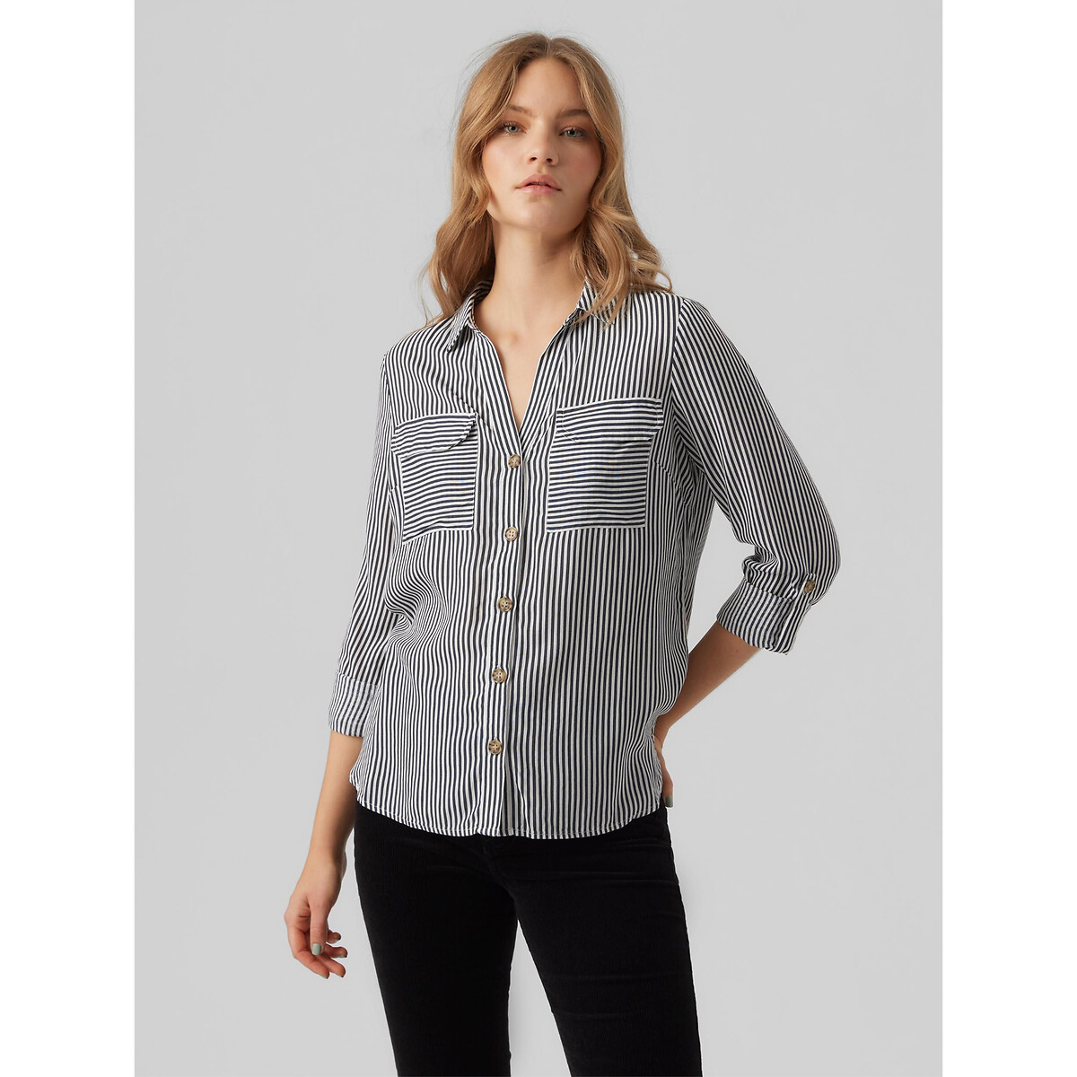 Chemisier manches longues boutonné rayé noir, VERO MODA