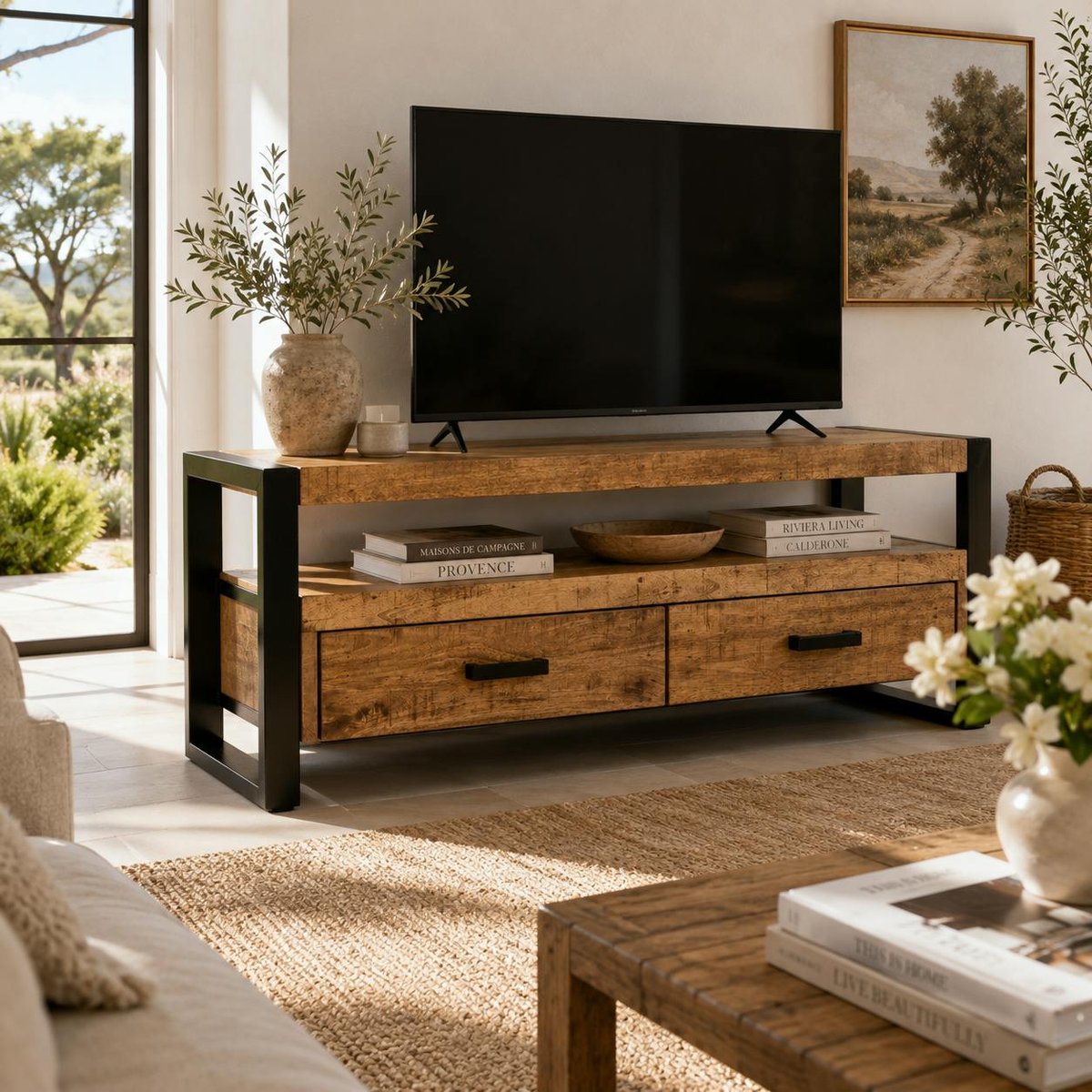 Petit meuble TV bois métal à double plateau KARGO bois naturel, PIER IMPORT