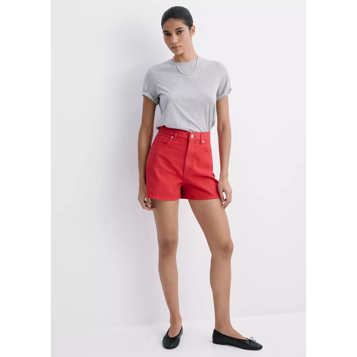 Short jean taille haute rouge, MANGO