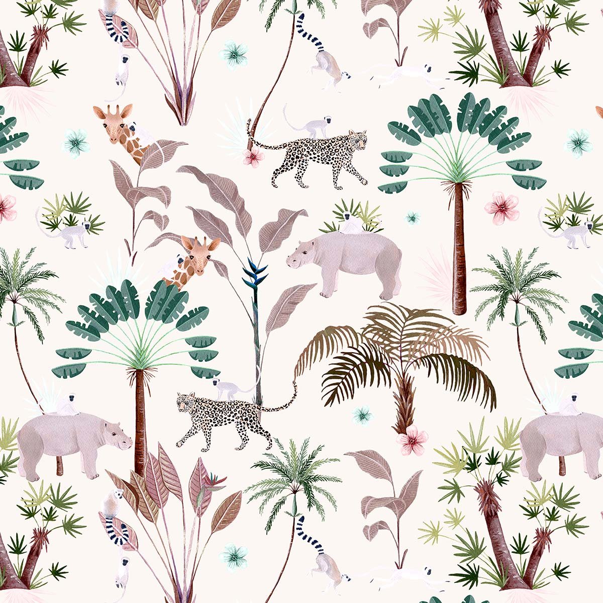 Papier peint hippopotame et léopard intissé, HEXOA