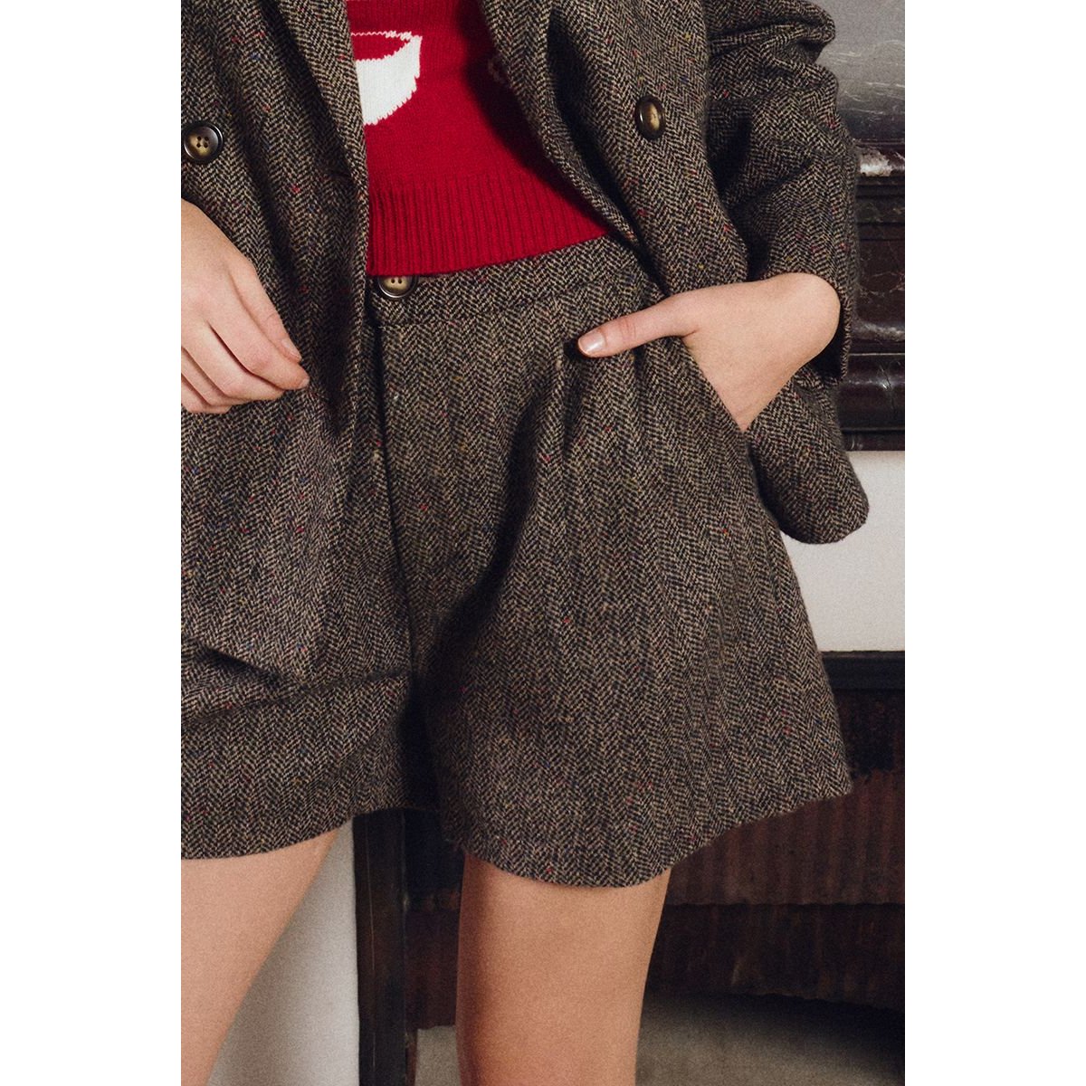 Short taille haute en lainage dark beige, MOLLY BRACKEN
