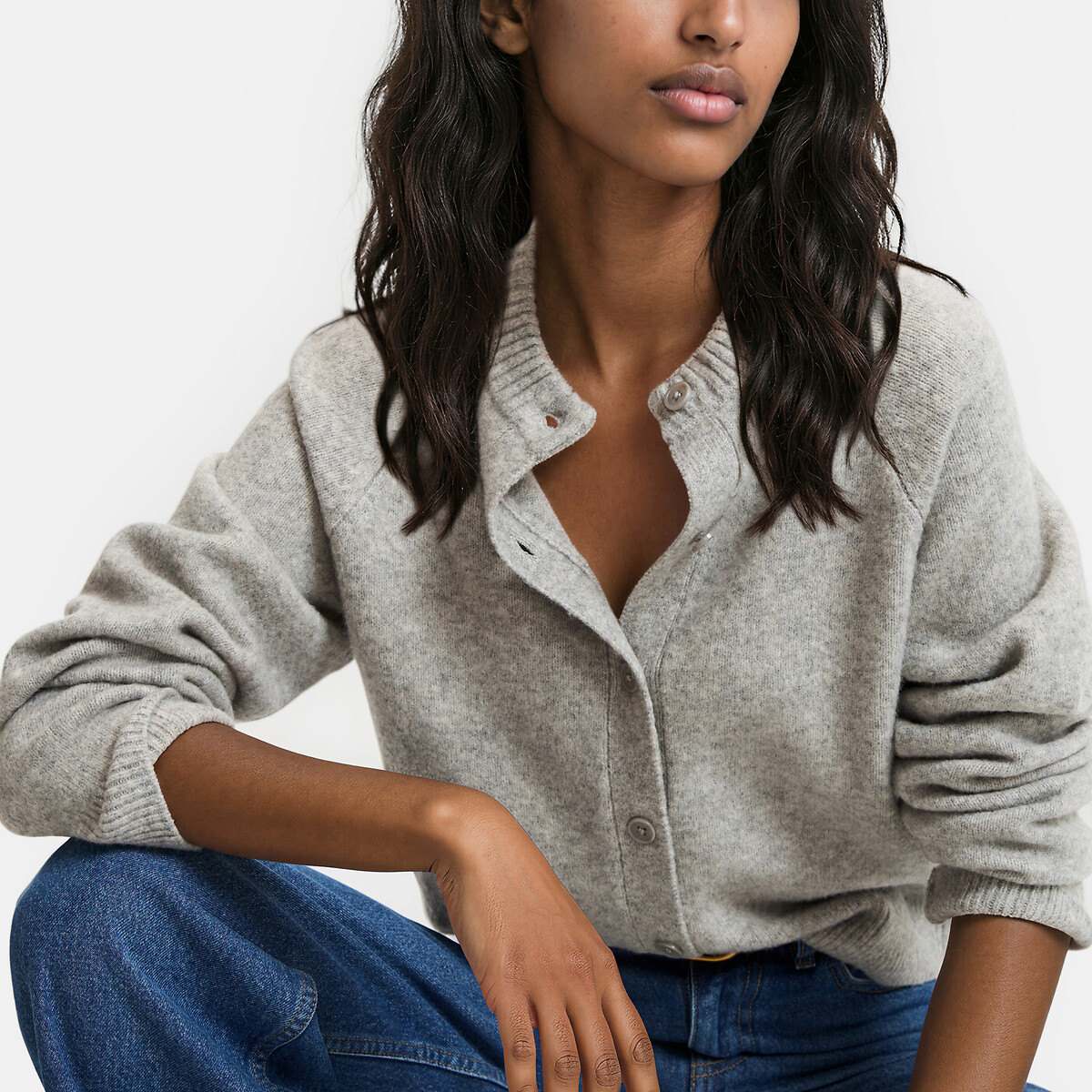 Cardigan col rond en grosse maille gris chiné, LA REDOUTE COLLECTIONS