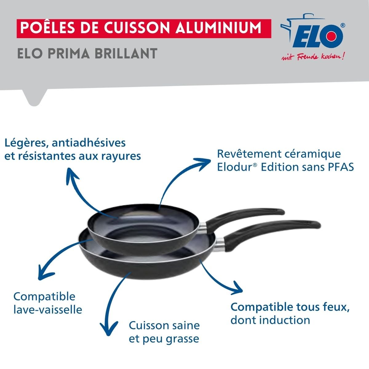 Batterie 2 poêles 24/28cm + 1 faitout 12cm PRIMA BRILLANT noir, ELO
