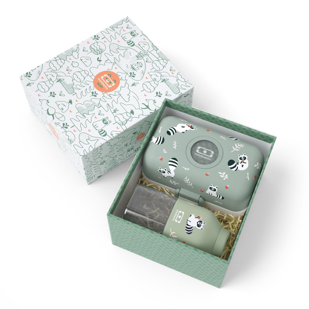 Coffret cadeau enfants lunch box + accessoires vert raccoon, MONBENTO