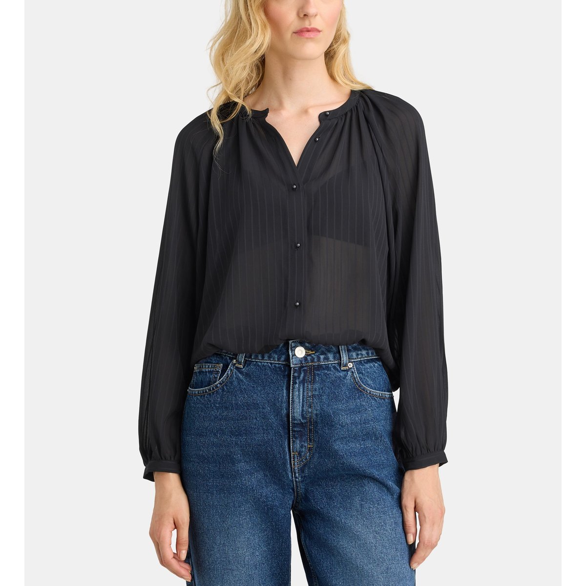 Blouse fluide voilée toscane moss rayures noir, GALERIES LAFAYETTE