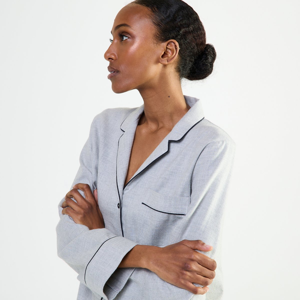 Pyjama col tailleur en flanelle de coton RADIEUSE gris chine, LAURENCE TAVERNIER