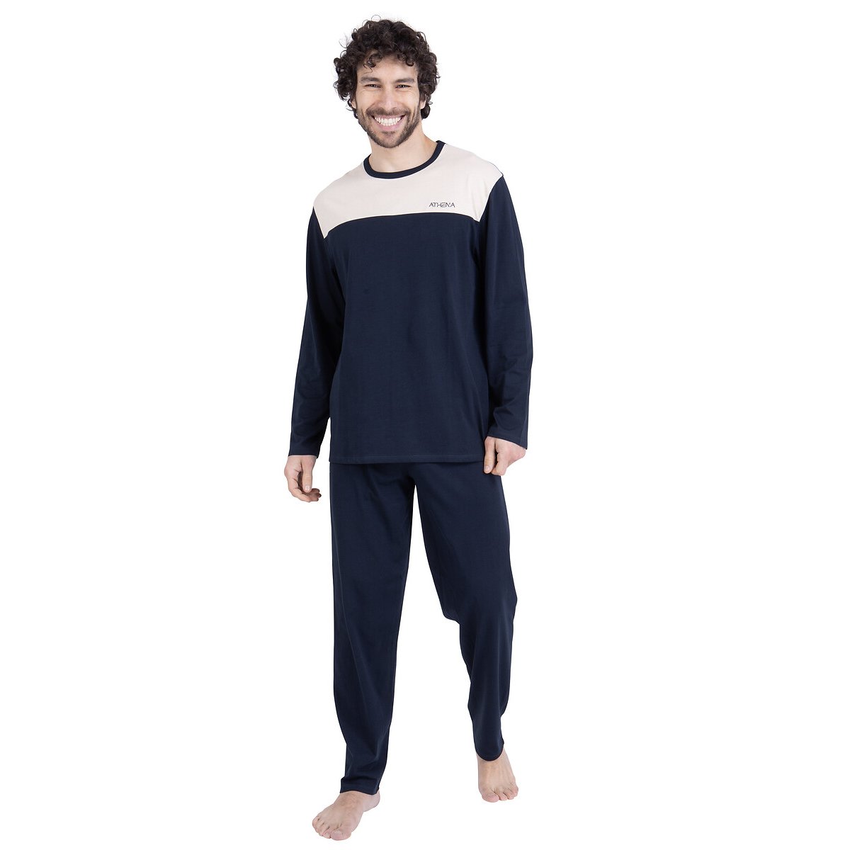Pyjama long en coton, manches longues beige/bleu marine, ATHENA